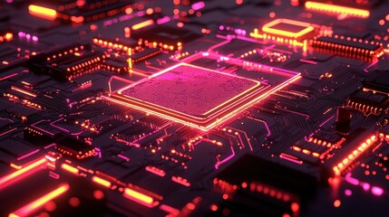 Obraz premium Futuristic Circuit Board with Bright Neon Lights Depicting AI and Machine Learning Technology