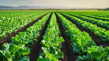 Lush green rows of leafy crops stretch across a field under a bright sky, showcasing the beauty of agriculture and nature's bounty.