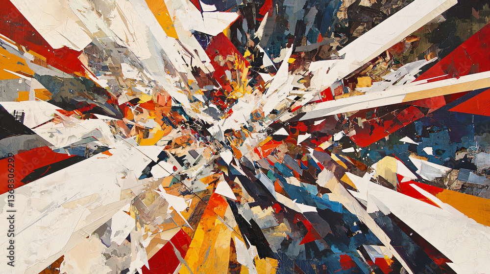 Poster striking painting depicting a broken window with bold dynamic colors layered over angular fragmented