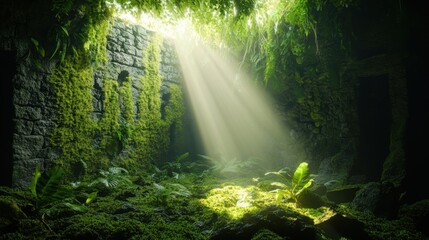 Obraz premium Sunlight filters through a lush, overgrown ruin, highlighting nature's reclaim.