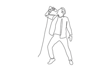 Continuous line drawing of singer in costume posing with microphone, Single continuous line drawing of young happy male pop singer holding microphone and singing on music concert stage.