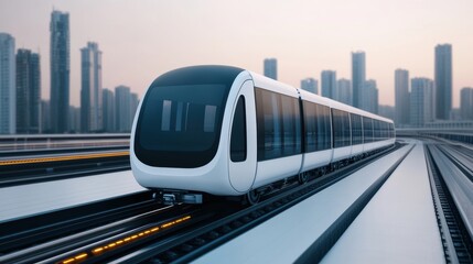 Naklejka premium A sleek, modern train travels on elevated tracks amid a city skyline, showcasing urban transportation in a futuristic setting.