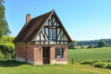 Charming small house stands in a serene landscape with lush green fields under a clear blue sky during the midday sun, showcasing traditional architecture and peaceful surroundings