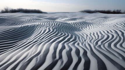 Serene winter landscape showcasing undulating snow dunes under a clear sky with distant trees