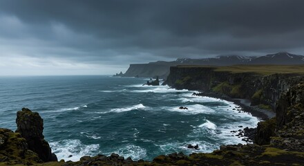 Obraz premium Dramatic Coastal Cliffs Dark Moody Ocean Waves. AI Generated