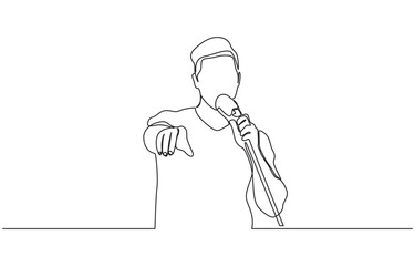 Continuous line drawing of singer in costume posing with microphone, Single continuous line drawing of young happy male pop singer holding microphone and singing on music concert stage.