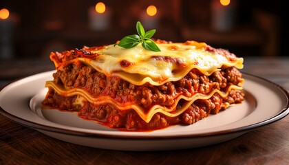 Fototapeta premium A delectable slice of lasagna, layered with rich meat sauce and melted cheese, garnished with fresh basil, served on a plate.