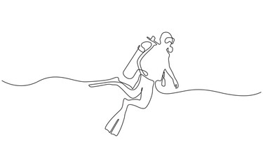 Continuous single one drawn scuba diver line underwater in the sea, Single continuous line drawing young sportive man do scuba diving into the deep sea ocean to explore sea life world.