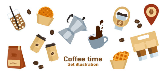 Vector illustration set of freshly roasted and ground coffee drinks, aromatic coffee, bubble tea menu, bakery, desserts, cold and hot coffee, isolated on background for food, drinks and coffee shop.