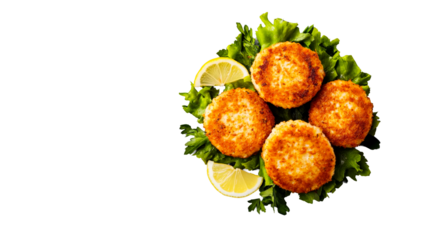 Delicious fish cakes with lemon and salad, cut out transparent