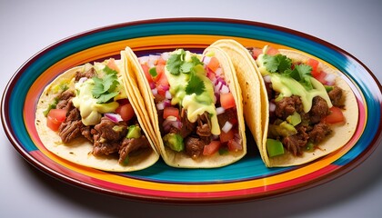 Delicious tacos filled with savory meat, fresh vegetables, and a creamy sauce, served on a colorful plate. A culinary delight!