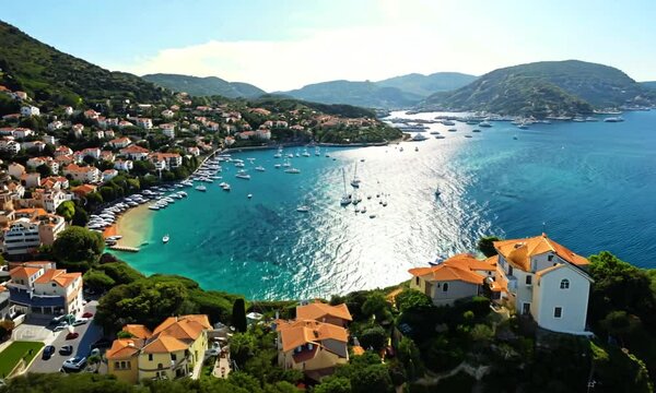 Aerial view of Dragon Eye lake near Marina Frapa in Rogoznica, Croatia. Sea landscape with coastal town and yachts. Touristic city for summer vacation in Adriatic sea