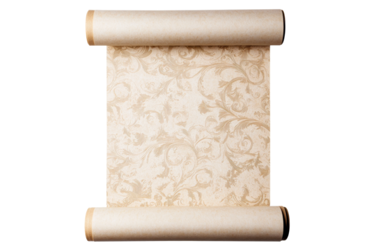 Ancient parchment scroll with ornamental pattern, cut out transparent