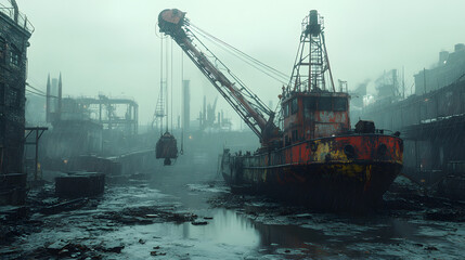 Industrial scene featuring a rusty crane and ship in a foggy, abandoned harbor setting