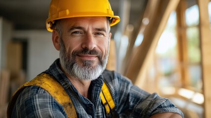 Construction worker smiling at job site urban area portrait bright interior close-up skilled craftsmanship