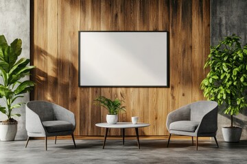 Modern, minimalist living area with wooden wall, comfortable seating and plants