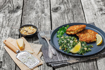 chicken patties with kale almond parmesan salad