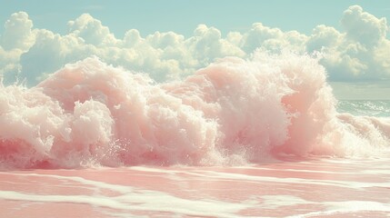 Pink wave crashing on beach, sunny sky