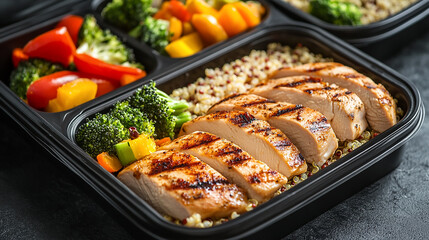 Healthy meal prep containers with grilled chicken, quinoa, and vegetables. Perfect for fitness, weight loss, and clean eating plans.

