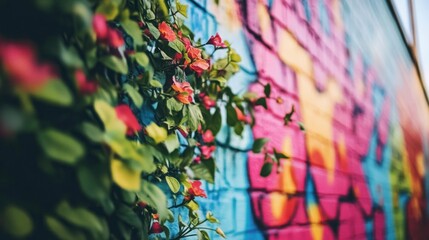 Colorful graffiti mural featuring vines with red flowers growing on it