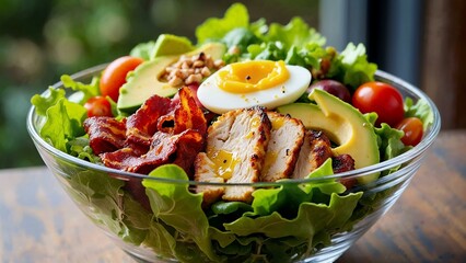 Refreshing Cobb salad with vibrant ingredients in a large clear glass bowl