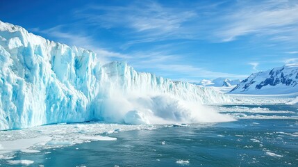 A breathtaking glacier calving into the ocean under a clear blue sky, creating dramatic waves and showcasing the beauty of nature.