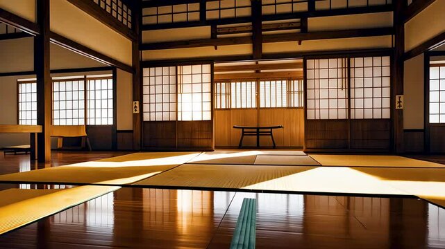 Traditional Japanese tatami room interior with soft lighting and wooden architecture
