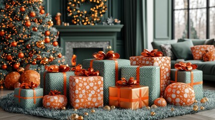 Cozy Living Room with Festive Christmas Gifts and Decorated Tree