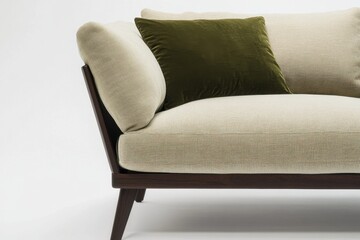 Fototapeta premium Experience the charm of an elegant sofa design showcased in soothing neutral tones, complemented by a stylish accent pillow—perfect for enhancing modern living spaces.