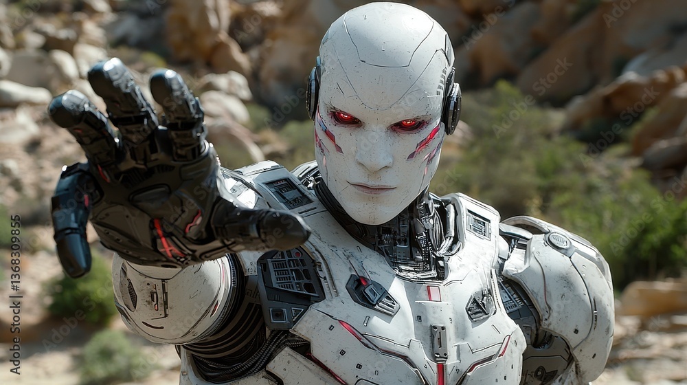 Aufkleber futuristic ai model with adaptability features in a desert landscape setting