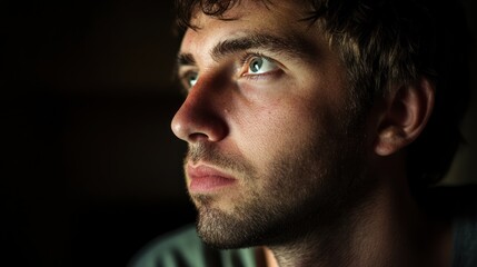 A close up portrait of a young man looking upwards