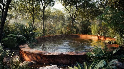 Water conservation practice in a lush forest with a natural water collection basin surrounded by greenery