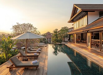 Fototapeta premium In the photo, there is an outdoor swimming pool with a wooden deck and sun loungers. There's also a large umbrella at one end of the deck. The background features buildings in Chiang Mai city under.