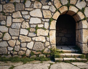 Weathered stone archway with lush greenery