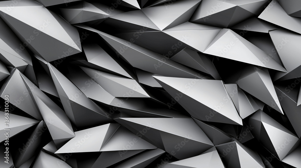 Poster Striking black and white background featuring bold geometric forms layered in a fragmented overlapping design for visual impact.