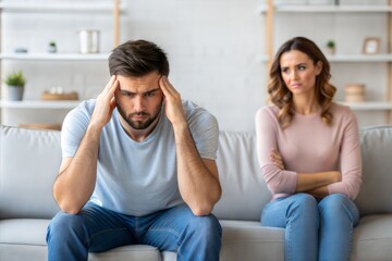 Sad man apologizing to an upset woman on the sofa at home. Discussion about jealousy and relationship issues. Breakup and marriage troubles. (Marriage)