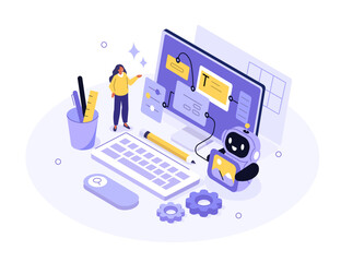 Character generating content, images, text with generative artificial intelligence tools. AI technology concept. Flat isometric vector illustration.