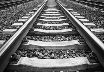 Close-up of railroad tracks in different directions, showing the layout and composition