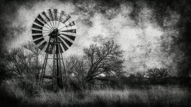 An old rustic windmill stands in a field of tall grass