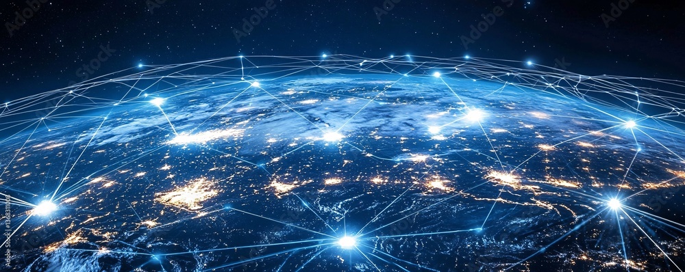 Poster Planet earth with global network and data exchange at night