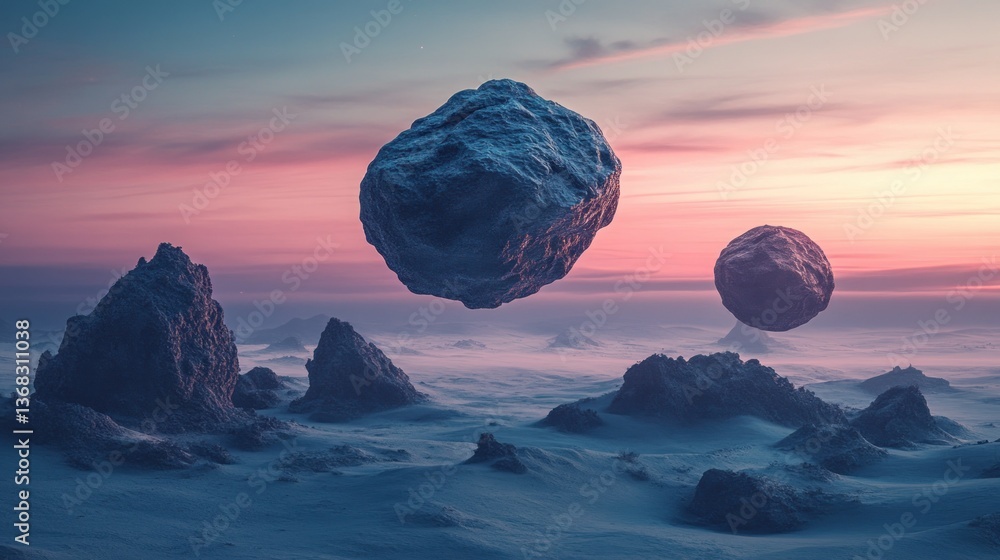 Poster surreal landscape with floating rocks and a vibrant colorful sky at dusk