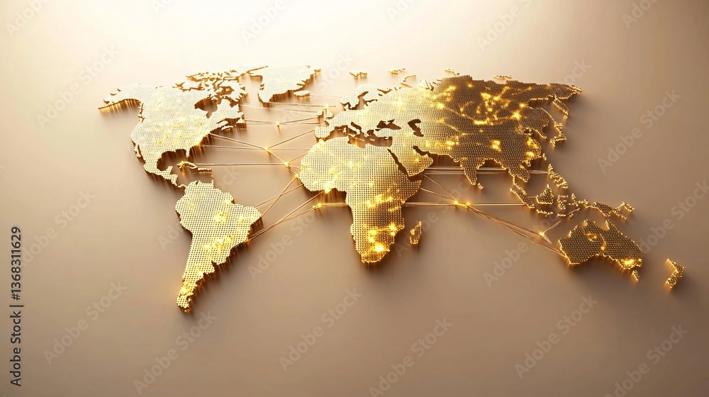 Poster golden world map showing international connections and global networks