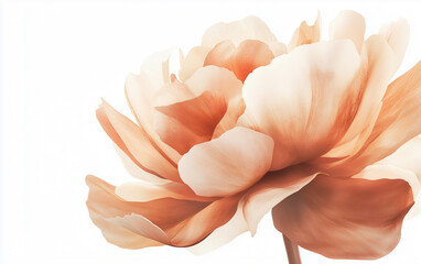 Abstract Peach Peony Flower Bloom on White Background, Delicate Petals, Floral Art