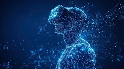 Futuristic Human Figure with Virtual Reality Headset Surrounded by Data and Technology in a Digital Environment