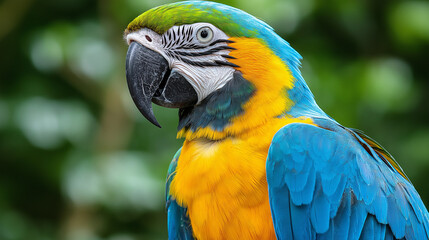 Obraz premium World Parrot Day, Beautiful Parrot with Blue and Yellow Plumage on a Green Background, AI Generated Images