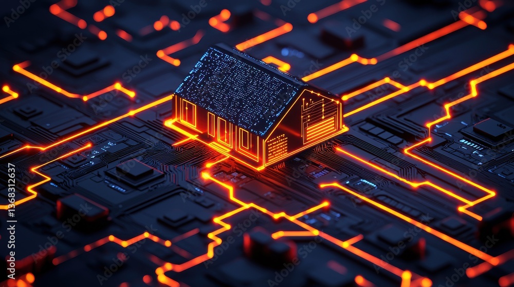Poster futuristic house representation on a circuit board background with glowing lines and technological e