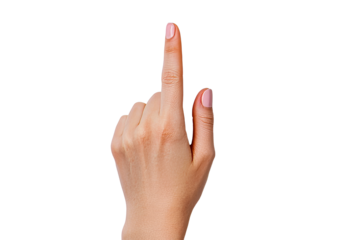 Female hand pointing upward, isolated against black, cut out transparent
