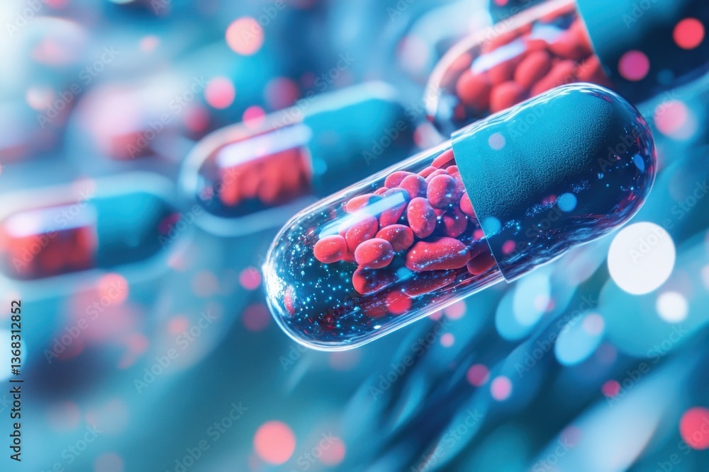 Poster colorful capsules floating in a dynamic background of abstract shapes and lights