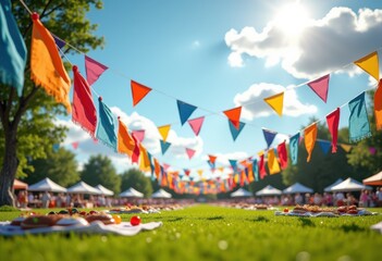 colorful celebration flags vibrantly adorning lush green grass outdoor picnic juneteenth festivities, rainbow, lgbtq, lgbt, pride, love, equality, holiday