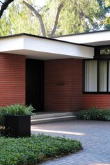 Modern architecture blends with nature at contemporary residence featuring brick fa&ccedil;ade and elegant landscaping in a serene suburban neighborhood